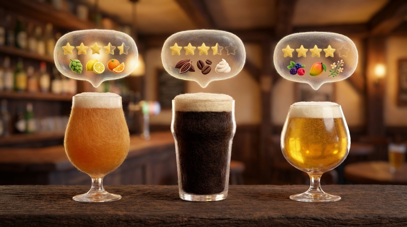 A row of three distinct, unlabeled craft beer glasses on a dark wooden bar. Above each glass, a small, glowing digital bubble contains a stylized rating (e.g., 4.5 stars, 3.8 stars) and a snippet of a descriptive customer review (e.g., "hoppy and citrusy," "smooth chocolate notes"). The background is a softly blurred, warm-toned pub setting. A sense of individual taste and community feedback.