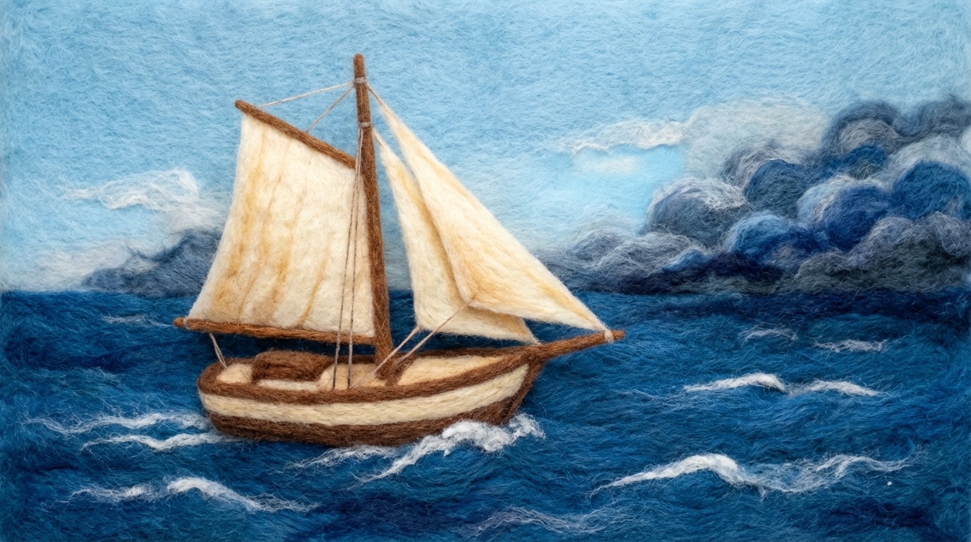 A small, sturdy sailboat navigating through slightly choppy waters, with its sails catching a steady wind. The horizon is visible, showing both clear sky and a few distant storm clouds, symbolizing a dynamic market. The boat is moving forward purposefully. The color palette features deep blues for the water, warm whites for the sails, and a touch of light blue for the sky. The mood is determined and resilient. Viewed from a mid-distance, slightly above the water level.