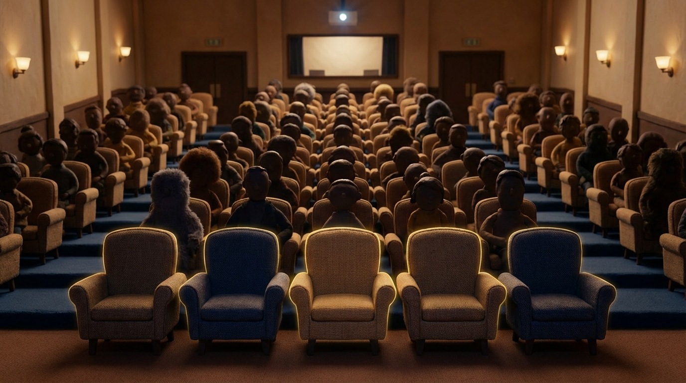 A cozy, inviting lecture hall or cinema with rows of comfortable seats. Only a few seats in the front rows are still available, clearly marked with a subtle, glowing outline. The rest of the hall is filled with indistinct, silhouetted figures, suggesting popularity and demand. The overall atmosphere is warm and inviting, but with a hint of "don't miss out." Soft, ambient lighting. View from the back of the hall looking towards the stage.