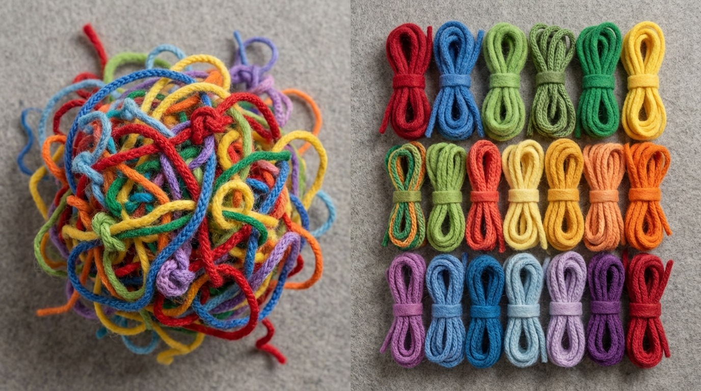 A split composition. The left side shows a tangled mess of colorful threads and wires, representing complexity and inefficiency. The right side shows the same threads and wires neatly organized and separated into distinct color-coded bundles, representing clarity and order. The background is a neutral grey.