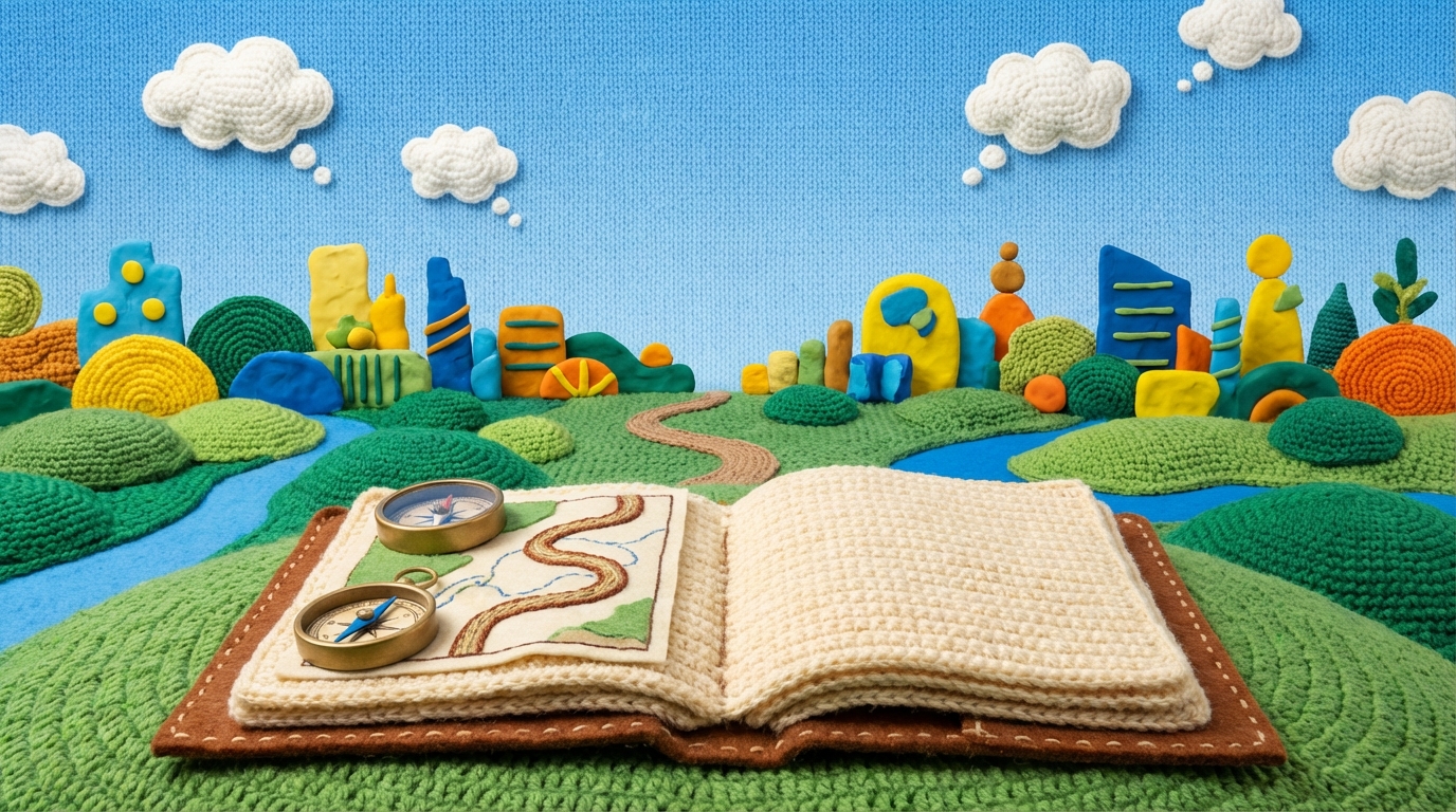 A wide, open landscape with a winding path leading to a horizon filled with diverse, abstract shapes representing various business opportunities and insights. In the foreground, a large, open notebook with a compass and a map, suggesting exploration and direction. The sky above is clear and expansive, with a few stylized thought clouds. The color palette is vibrant and hopeful, with shades of green, blue, and yellow, conveying inspiration and the potential for discovery. A sense of journey and possibility permeates the scene.