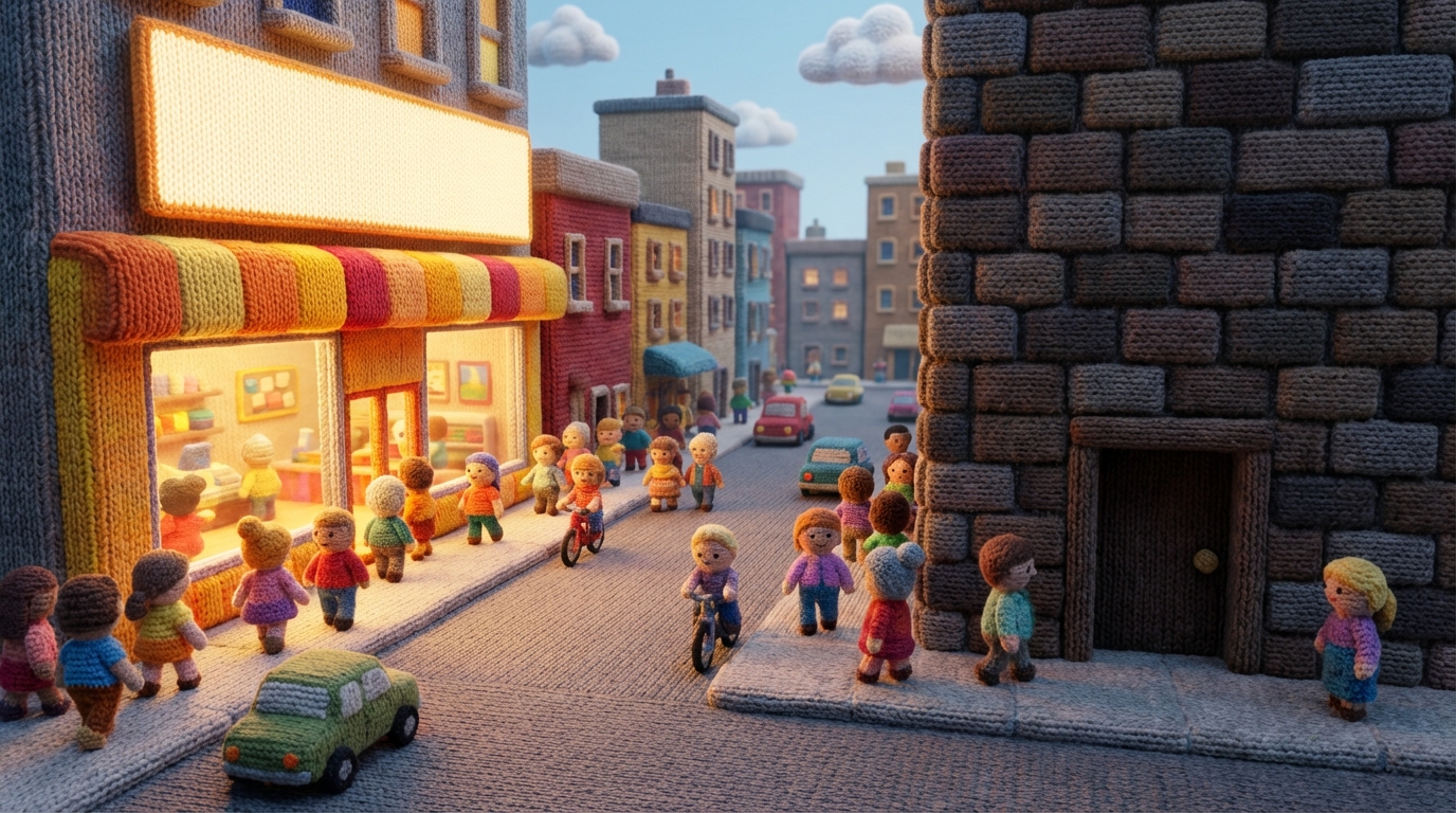 A bustling city street scene from a slightly elevated perspective. On the left, a vibrant, well-lit storefront with a large, clear sign attracts many pedestrians. On the right, a small, dark, almost hidden doorway in a brick wall, without any signage, is completely ignored by passersby. The contrast highlights visibility versus obscurity. Warm, inviting colors for the visible store, muted and dull tones for the hidden one. Dynamic, active street scene.