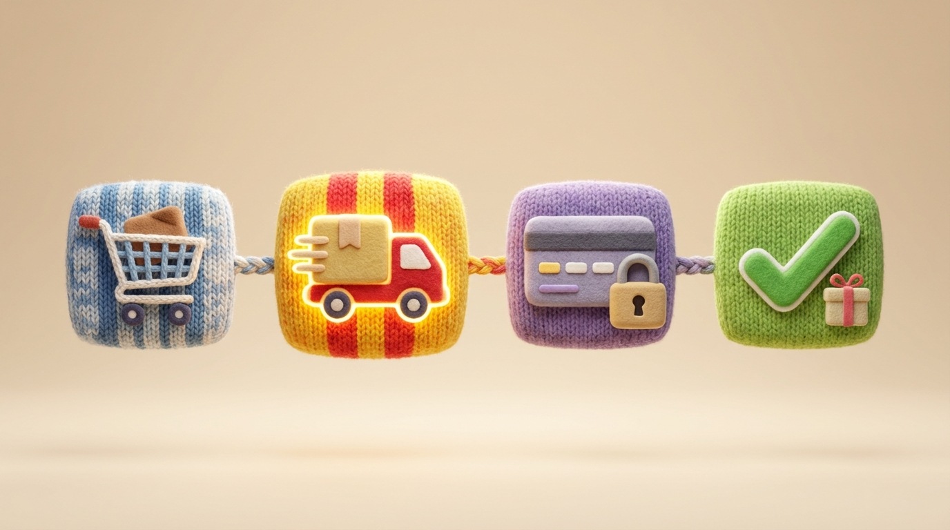 A visual representation of a step-by-step checkout process. A clear, horizontal progress bar is shown with distinct segments labeled 