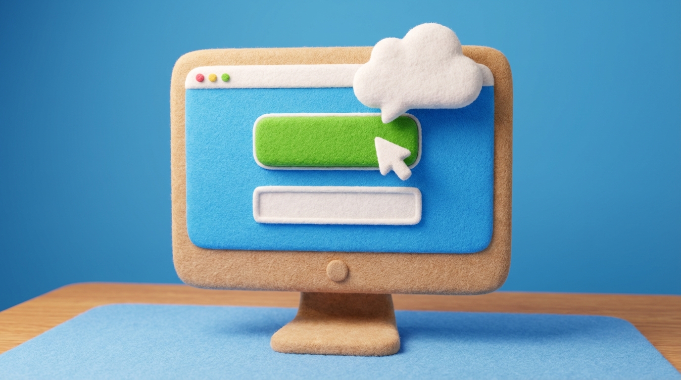 A stylized illustration of a website interface on a desktop monitor. On the page, a prominent button labeled 