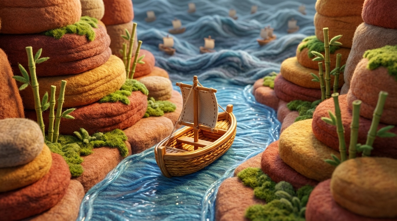 A small, intricately detailed, custom-built wooden boat, perfectly crafted and shining, sailing smoothly on a narrow, clear river. The river flows through a specific, unique landscape, perhaps a vibrant bamboo forest or a canyon with distinct rock formations. In the distance, a vast, turbulent ocean with many generic, identical ships is barely visible. The scene emphasizes focus and mastery within a defined, special environment.