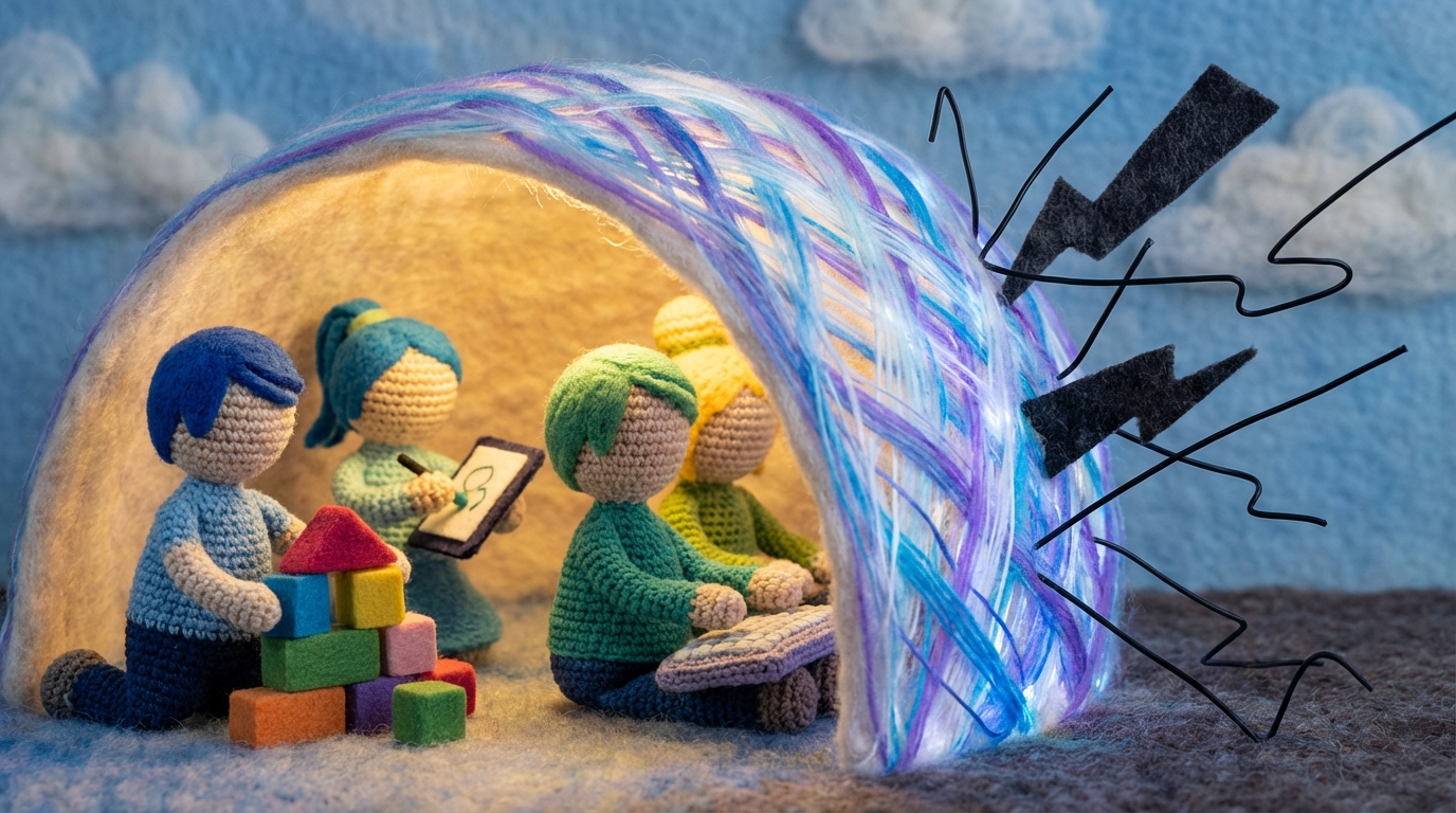 A large, translucent, protective shield made of interwoven light stands in front of a group of abstract, focused figures who are engaged in creative activity (e.g., drawing, building, coding). The shield deflects jagged, dark shapes and harsh lines that represent external criticism, allowing the team to work undisturbed in a calm, illuminated space behind it. The color palette emphasizes protection and focus.