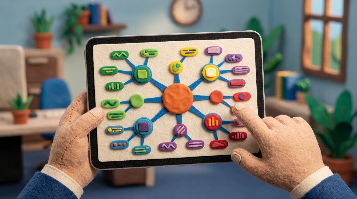 A large digital mind map displayed on a tablet screen, showing a central theme branching out into numerous categories and sub-categories. Each branch and node contains short phrases or words, representing grouped keywords. Some nodes are highlighted or color-coded to denote search volume or competitiveness. The tablet is held by hands, suggesting active organization. The background is a soft, blurred office setting, indicating focus and strategy.