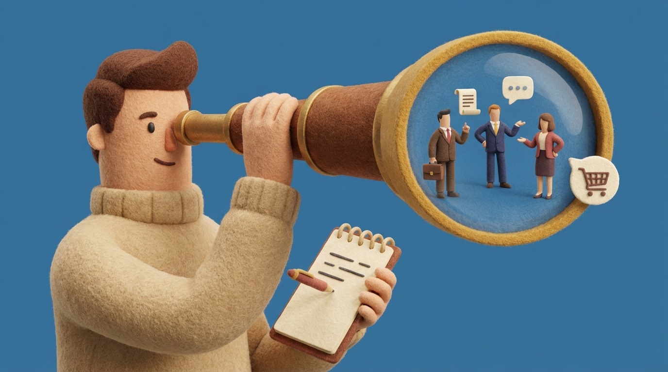A stylized illustration depicting a spyglass examining a group of stylized business figures. Each figure represents a competitor, and subtle icons around them indicate their activities (e.g., a blog icon, a social media icon, a shopping cart). The observer is taking notes, symbolizing analysis and strategic planning.