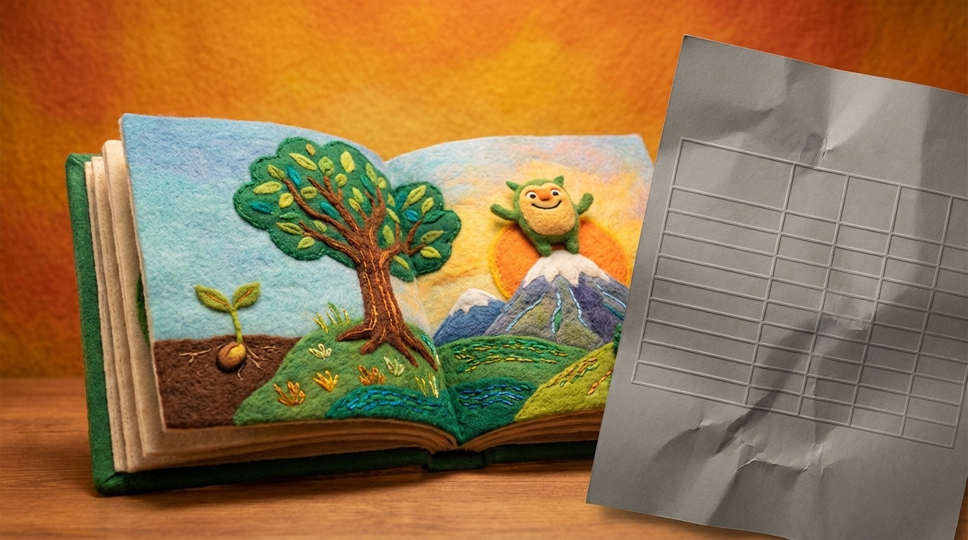 An open storybook with vibrant, engaging illustrations depicting a narrative of transformation and success. Next to it, a rigid, monochromatic spreadsheet or data table is crumpled and pushed to the side, almost out of frame. The storybook is the central focus, drawing the eye with its rich colors and dynamic scenes, while the table appears static and uninteresting. The composition emphasizes the power of narrative over raw data.