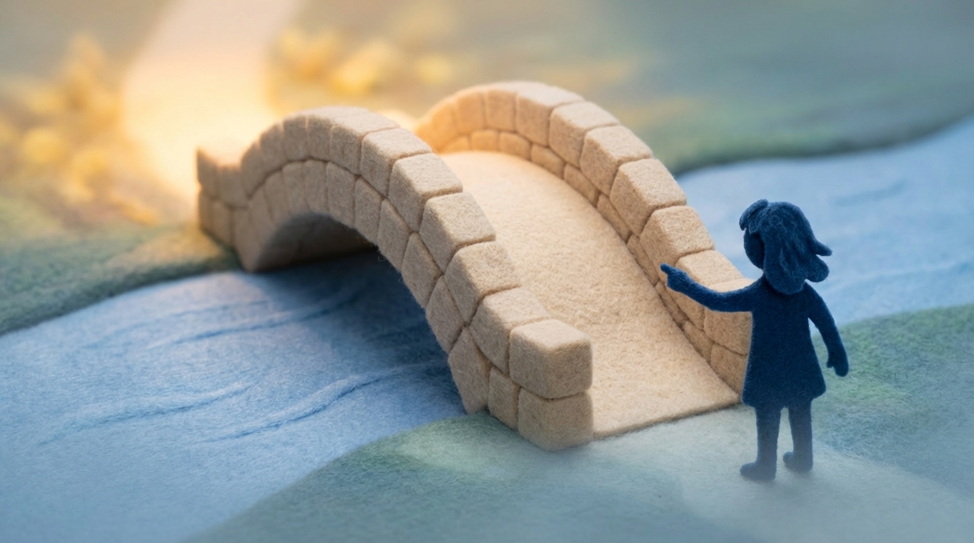 A sturdy, elegant bridge, constructed from smooth, light-colored blocks, gracefully arches over a serene, gently flowing river. The bridge extends from a subtly misty foreground towards a bright, well-defined, and welcoming glow on the opposite bank. A single, stylized figure (silhouette) stands at the beginning of the clear path on the bridge, gently pointing forward with an open hand, symbolizing guidance, support, and a clear path to solutions. The mood is calm and reassuring, with soft, inviting colors.