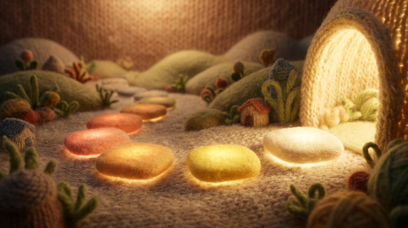 A winding, illuminated path made of stepping stones, each stone representing a stage in a journey: "Awareness," "Consideration," "Purchase," "Loyalty." Each stone has a subtle glow. The path starts from a slightly blurred background and leads towards a clear, inviting destination in the foreground.