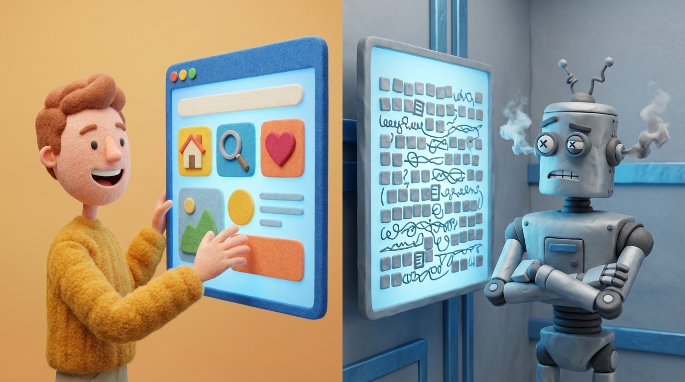 A stylized scene depicting a website. On one side, a friendly, stylized human figure is happily engaging with well-structured, clear content. On the other side, a rigid, robotic figure is attempting to "read" dense, keyword-stuffed text, looking confused or frustrated. The contrast highlights the difference between user-centric and robot-centric content. The mood is positive on the human side and negative on the robot side, using warm tones for engagement and cool, sterile tones for disengagement.