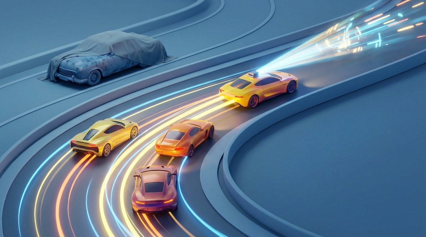 A stylized race track with several sleek, modern cars (representing businesses) speeding ahead, leaving trails of light. One car is significantly ahead, actively broadcasting a video stream from its roof. Behind them, a single, older, stationary car is partially covered by a dust sheet, looking neglected. The overall mood is dynamic and competitive, emphasizing urgency. The color palette is composed of cool blues and grays for the track, with bright, energetic yellows and oranges for the moving cars and their video streams. A slight aerial view, looking down on the race.