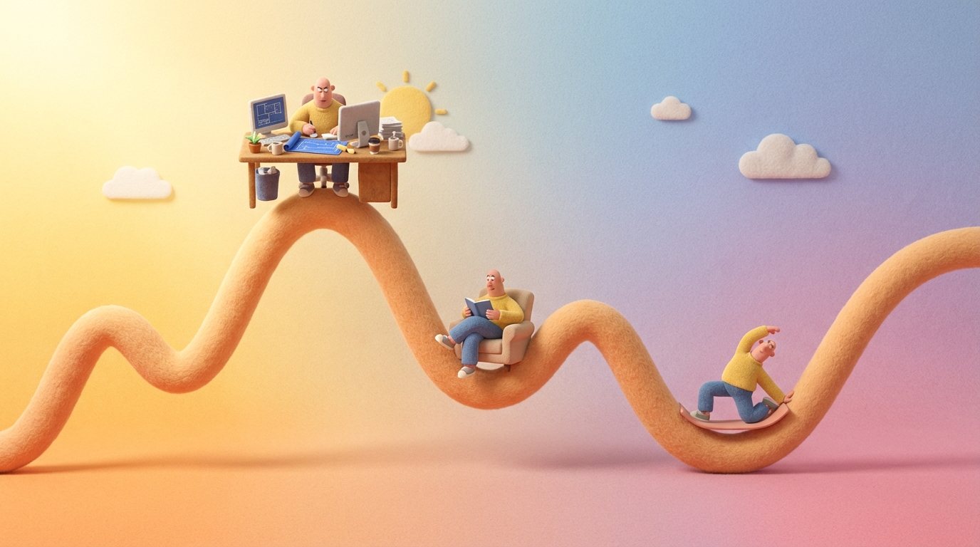 A gently undulating line graph representing energy levels throughout a day, with clear peaks and valleys. At the highest peak, a person is shown working intensely on a complex task at a desk. During the valleys, the person is engaging in lighter, less demanding activities like reading a book or stretching. The background subtly transitions from bright morning light to softer afternoon hues, illustrating the natural passage of time and energy fluctuations.