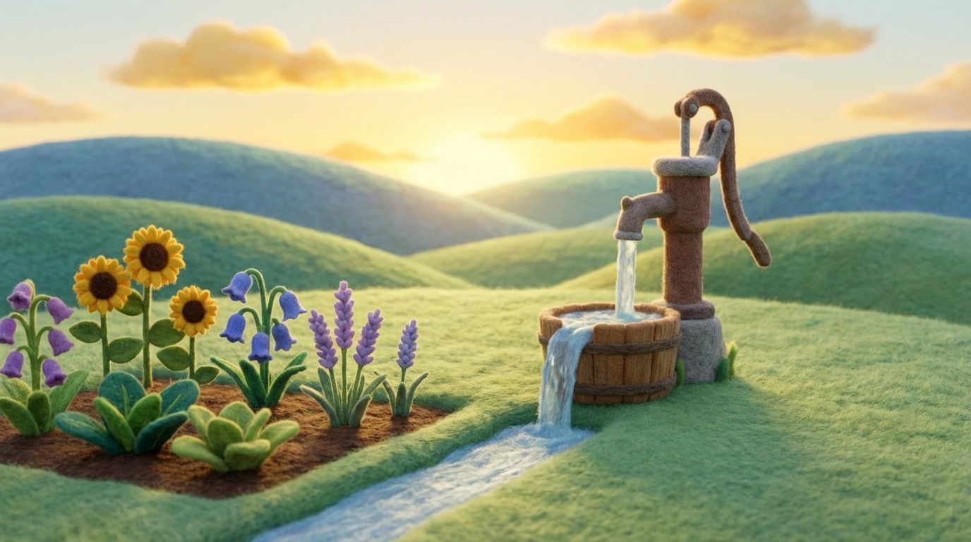 A calm, serene landscape with a small, well-tended garden in the foreground, featuring a few vibrant, blooming plants. In the mid-ground, a simple, rustic water pump is continuously drawing clear water into a small, overflowing basin, which then irrigates the garden. The background shows a gentle sunrise, casting soft, warm light. The scene conveys sustainable growth and effortless, continuous output. Dominant colors are soft greens, blues, and golden yellows.