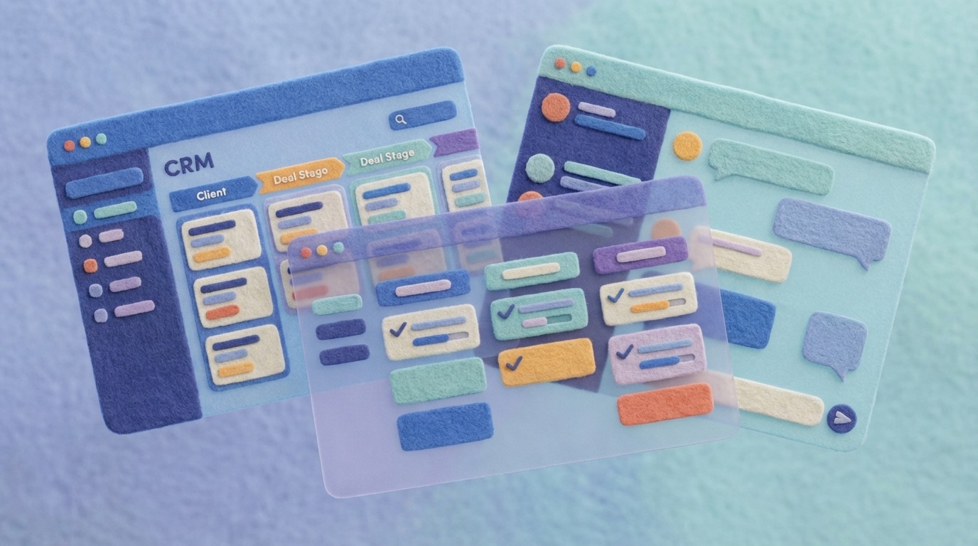 A dynamic composition of three overlapping, semi-transparent digital screens. One screen displays a CRM interface with client cards and deal stages, another shows a task management board with multiple tasks and deadlines, and the third presents a team chat interface with ongoing conversations. The screens are subtly intertwined, showing elements from one peeking through another, symbolizing seamless integration. A modern, digital aesthetic with cool blue and purple hues. Angled view, creating depth.