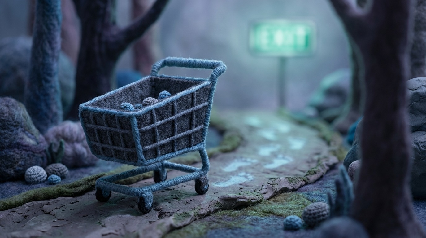 An empty or partially filled shopping cart sits abandoned on a winding, dimly lit path, with faint, ghostly footprints leading away from it. The cart is slightly tilted, suggesting it was left in haste. In the background, a distant, blurry exit sign is visible. The scene evokes a sense of missed opportunity and mystery, with cool, muted colors.