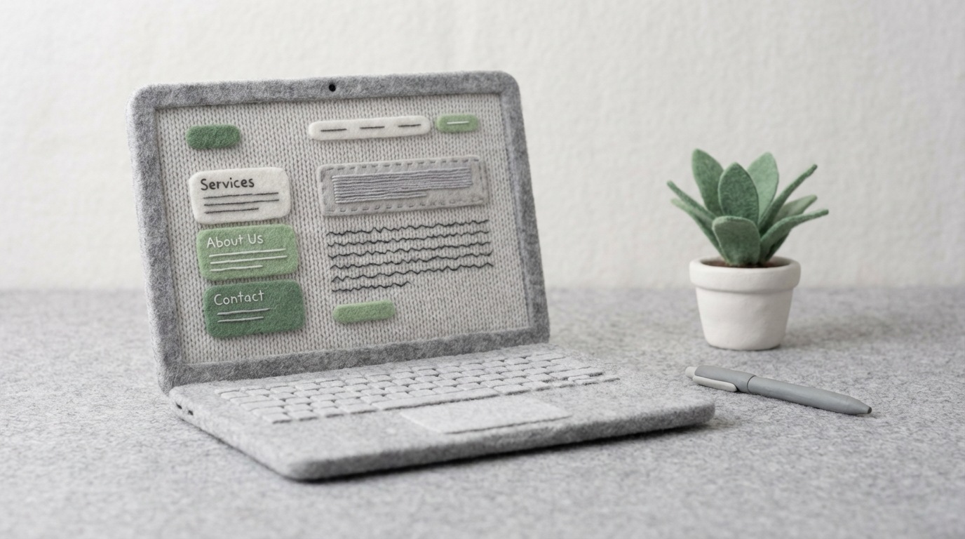 A sleek, modern laptop screen displays a website with various sections like "Services", "About Us", "Contact", but the main focus is on a prominent, well-written headline and a compelling paragraph of text. The background is a clean, minimalist desk with a single, elegant pen and a small, green plant, suggesting professionalism and focus. The overall mood is calm and efficient, with a palette of soft grays, whites, and subtle greens. The laptop is slightly angled to emphasize the screen content.