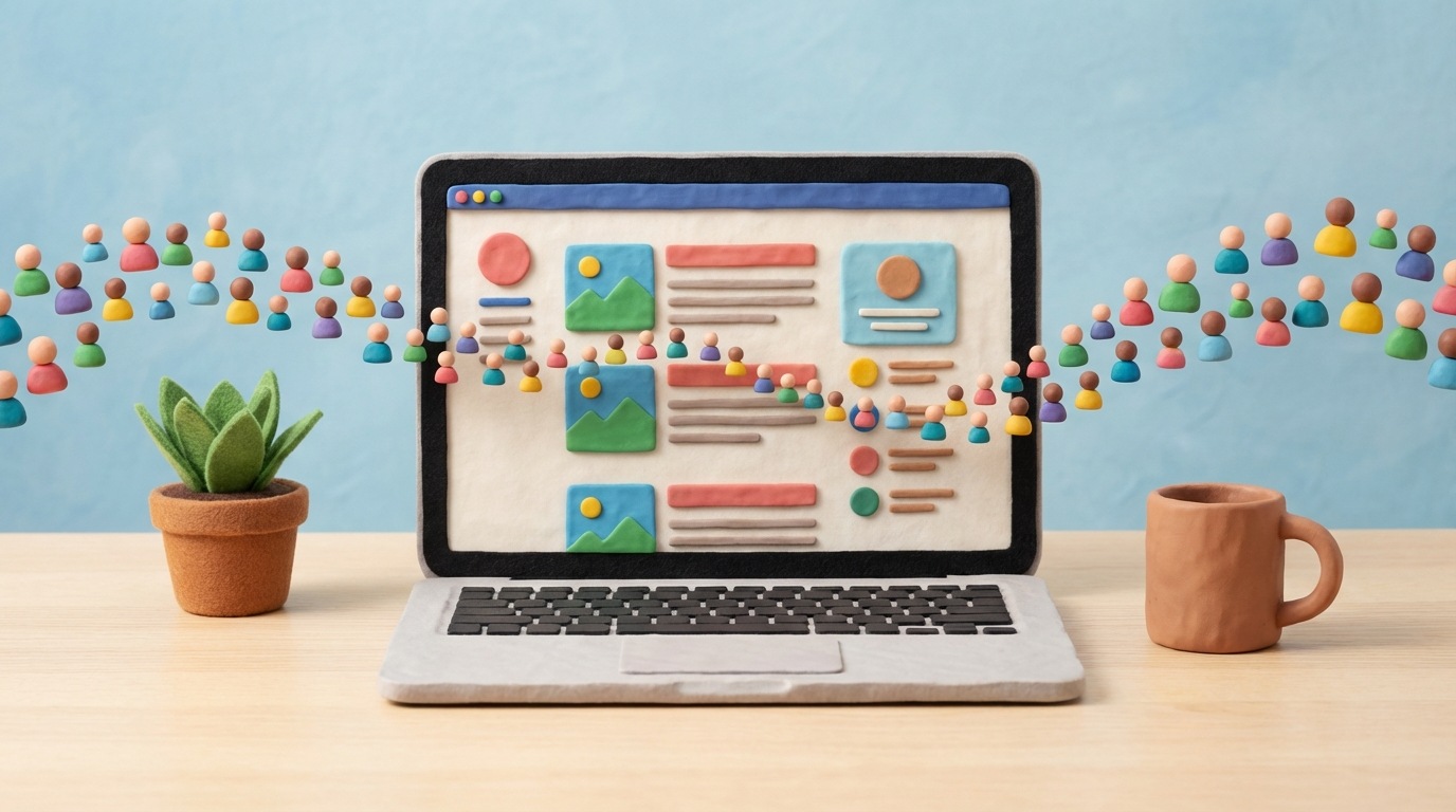 An open, inviting blog interface displayed on a laptop screen, showing various article titles and featured images. A gentle, continuous stream of small, stylized user icons flows from the edges of the screen towards the blog, representing organic traffic. The laptop is placed on a clean desk, suggesting a focused workspace. The overall mood is one of active engagement and information sharing, with a bright, encouraging color palette.