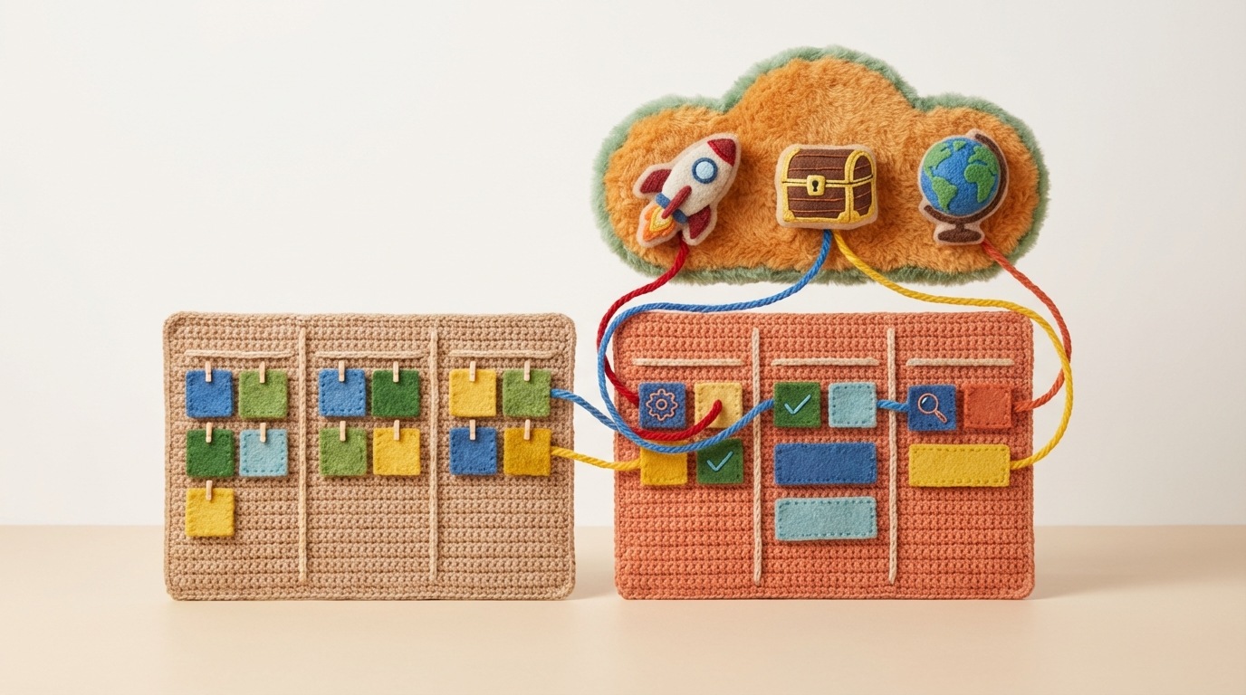A visual representation of two interconnected systems. On one side, a Scrum sprint board with user stories. On the other side, a Kanban board with tasks flowing through stages. Lines connect specific tasks or stories to overarching OKR goals, showing how daily work contributes to strategic objectives.