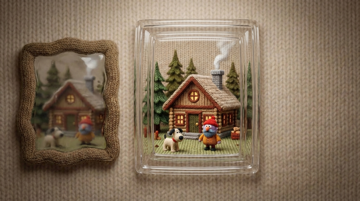 A large, crystal-clear pane of glass or a transparent screen, centrally placed, through which a scene is viewed with perfect clarity and detail. To the left, a small, opaque, distorted window shows a blurry, exaggerated version of the same scene, hinting at misleading promises. The clear pane is well-lit, emphasizing honesty and directness. The background is a soft, neutral color, making the contrast between clarity and distortion prominent. The colors in the clear view are crisp and true, while the distorted view is murky and indistinct.