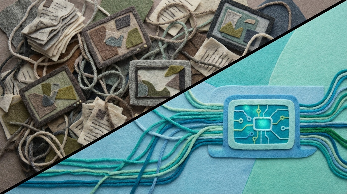 A split composition divided diagonally from the top-left to bottom-right. The upper-left side depicts a chaotic scene with scattered, overlapping documents, disconnected wires, and multiple small, unorganized screens displaying fragmented information. The color palette here is desaturated and muted, conveying confusion. The lower-right side presents a clear, streamlined visual: a single, clean interface displaying organized, flowing data streams, with subtle, interconnected lines leading to a simplified, central display. The colors on this side are vibrant and clear, with cool blues and greens. The overall mood shifts from disarray to clarity and efficiency, viewed from a slightly elevated perspective.