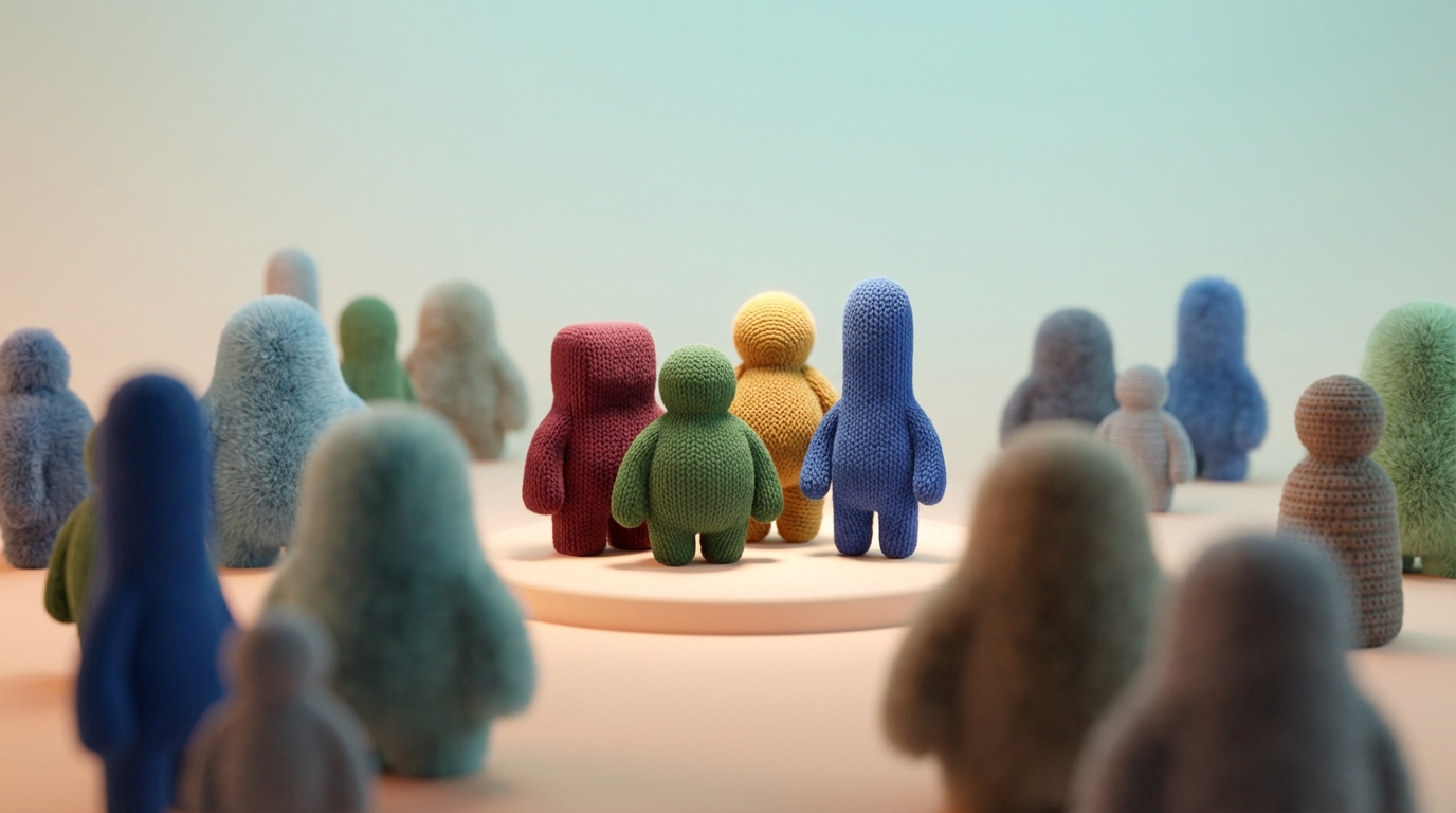 A collection of stylized, abstract figures of varying sizes and shapes. Most are blurred or indistinct, representing "noise." In the center, a small group of 3-4 distinct, clearly defined figures stand together, representing relevant competitors. They are slightly elevated or more brightly lit. The background is a soft gradient. The color palette uses a mix of warm and cool tones, with the central figures having slightly stronger, more defined colors.