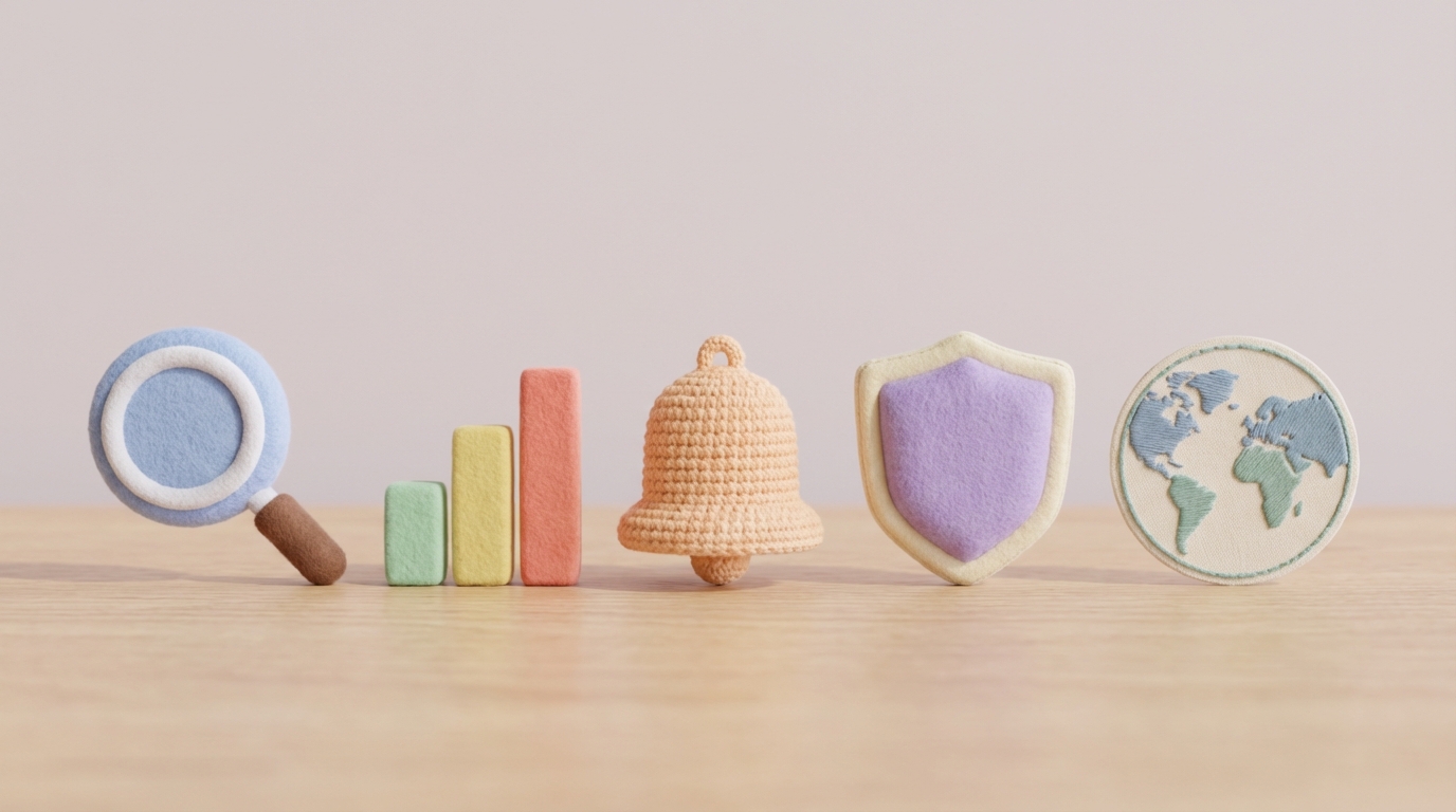 A collection of stylized, minimalist icons representing various free online tools, arranged neatly on a clean, light background. Icons include a simple search icon (Google Search Console/Manual Search), a small bar graph (Keyword Planner), a bell (Google Alerts), a shield or badge (MozBar), and a simplified map of continents (SimilarWeb). The overall impression is accessible and foundational. Soft, pastel color palette with clean lines.