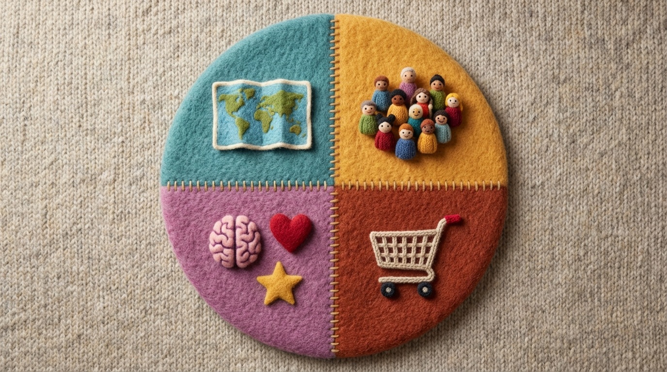 A large circle representing a broad market, divided into four distinct, colored segments. Each segment has a small icon representing a different segmentation type: a map for geographic, a group of diverse figures for demographic, abstract symbols for psychographic, and a shopping cart for behavioral. The lines separating the segments are clear and defined. The colors are varied but harmonious, representing the diversity within the market. Top-down view.