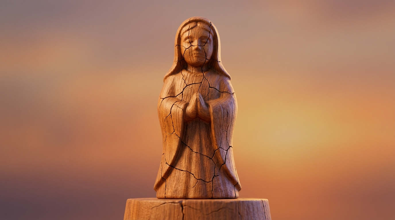 A delicate, intricately carved wooden figure, resembling a person, with visible hairline cracks spreading across its surface. The figure appears intact from a distance, but closer inspection reveals the deep, internal damage. The background is a soft, warm gradient, contrasting with the figure's subtle distress. Low-angle shot, highlighting the fragility.