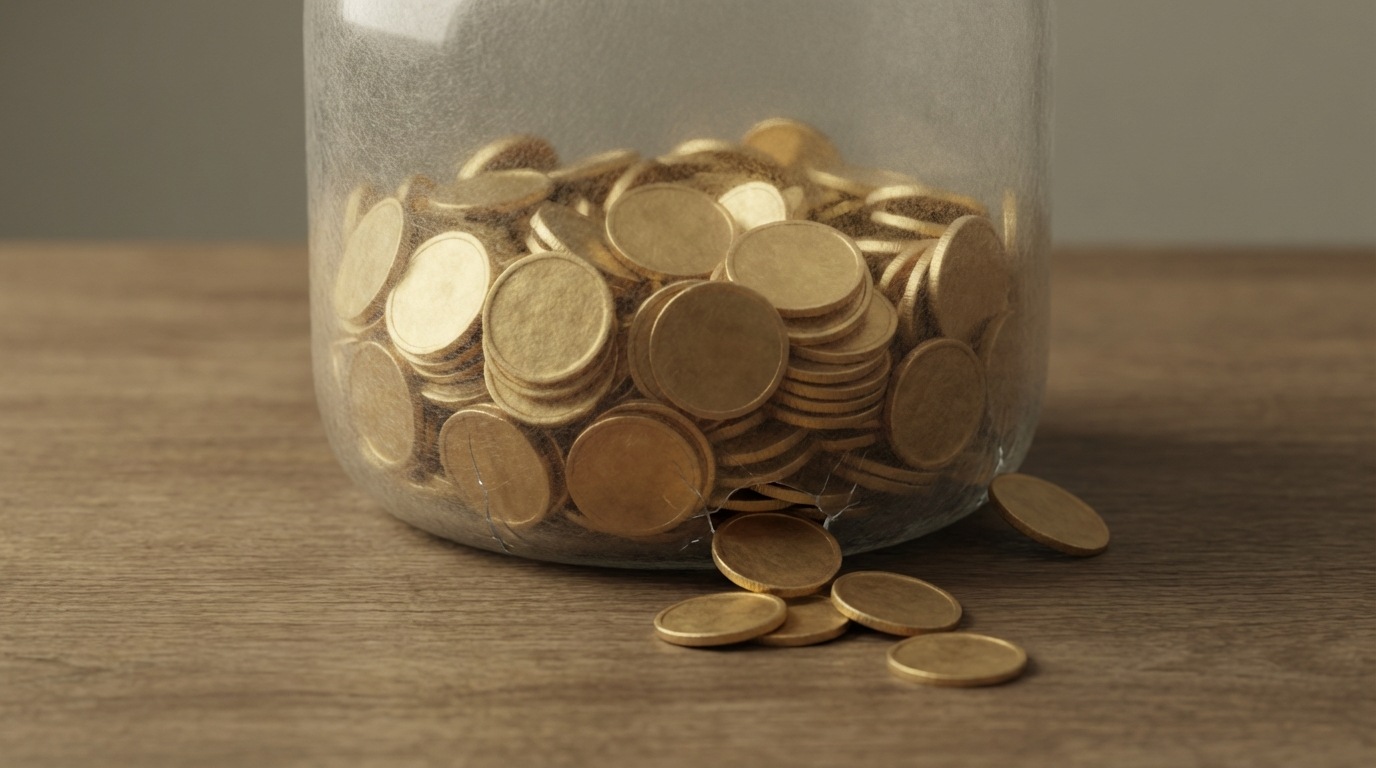 A large, transparent jar, half-full of golden coins, sitting on a plain wooden table. Around the base of the jar, several tiny, almost invisible cracks are subtly allowing individual coins to slip out and disappear into the tabletop, creating a small, diminishing pile underneath. The overall lighting is soft, making the cracks hard to spot. A quiet, almost insidious mood. Close-up shot, focusing on the base of the jar and the disappearing coins. Muted color palette with warm golden coins.