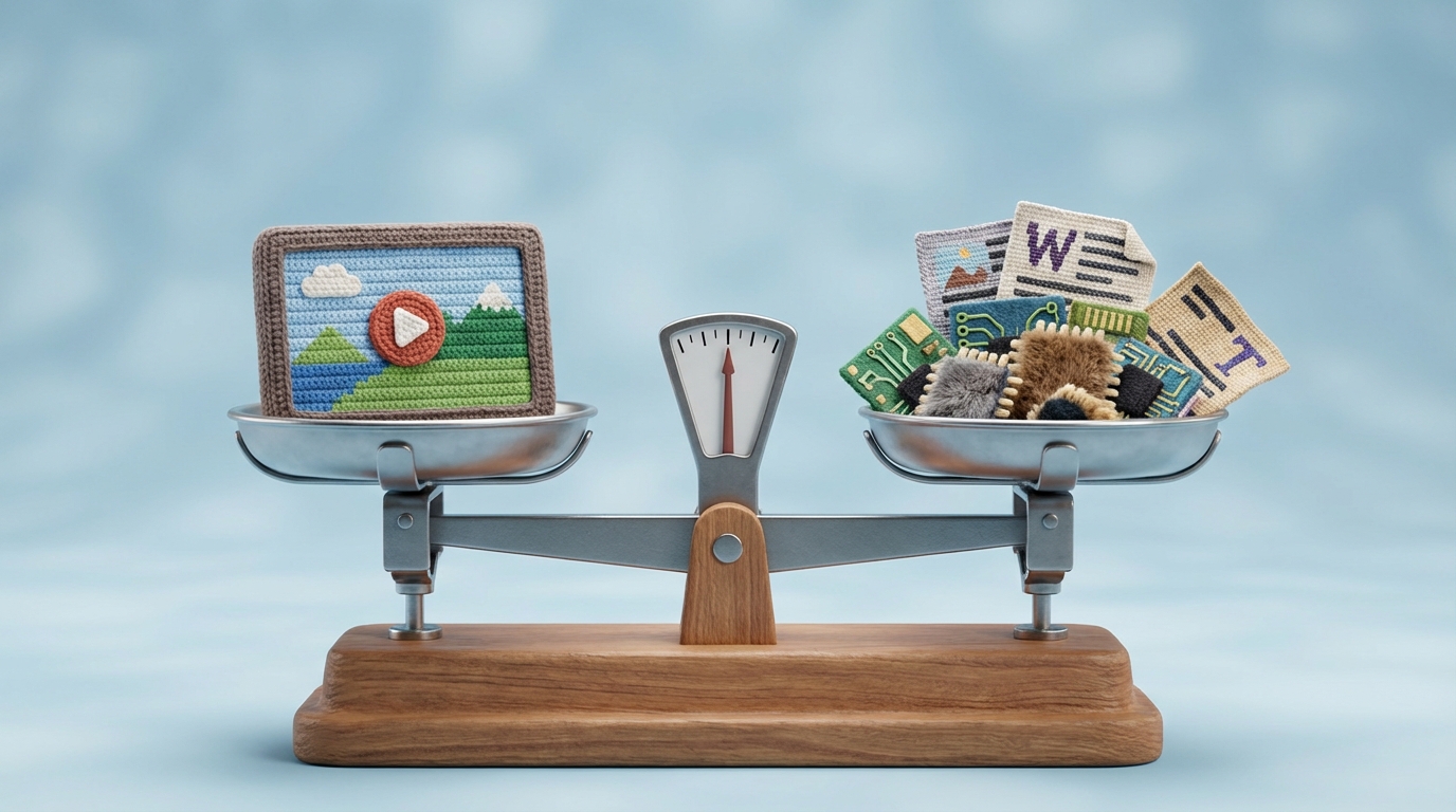 A framed digital image and a video play button icon are placed on a weighing scale. On the other side of the scale, there's a smaller, lighter pile of data chips and a few descriptive text fragments (like "alt text"). The scale is perfectly balanced, indicating that visual content, when optimized, carries equal "weight" in SEO. Clean, light background. A sense of precision and balance.