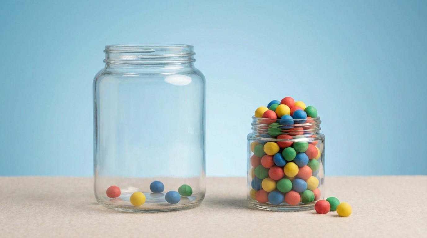 A large, empty glass jar stands next to a small, nearly full glass jar. Both jars are transparent, with the small one containing a handful of colorful, round pebbles and the large one containing only a few scattered pebbles at the bottom. The contrast highlights the difference between a small, potentially unrepresentative sample and the vastness of a larger, more reliable data set. The background is a soft, gradient blue, creating a calm and contemplative mood. The lighting is even and soft.