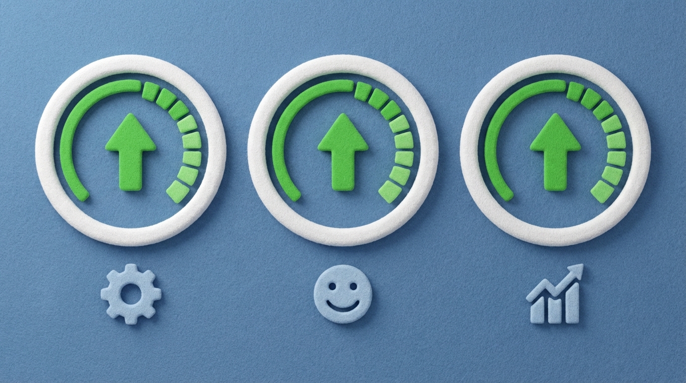 A minimalist illustration of a digital dashboard with several clear, prominent numerical readouts and percentage indicators, all showing positive, increasing values. Below the numbers, there are simple, distinct labels for each metric (e.g., 