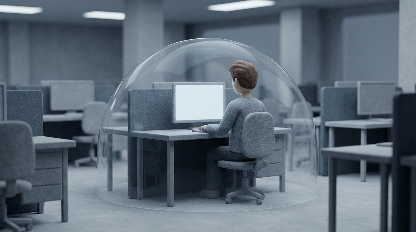 A person sitting alone in a spacious, open-plan office, surrounded by muted, grey tones. While other desks are active with subtle signs of life, this person is isolated, with their back to the viewer, gazing blankly at a screen. A subtle, almost invisible, transparent dome seems to enclose them, emphasizing their emotional detachment and creating a sense of isolation. Cool, sterile color palette, reflecting the lack of warmth.