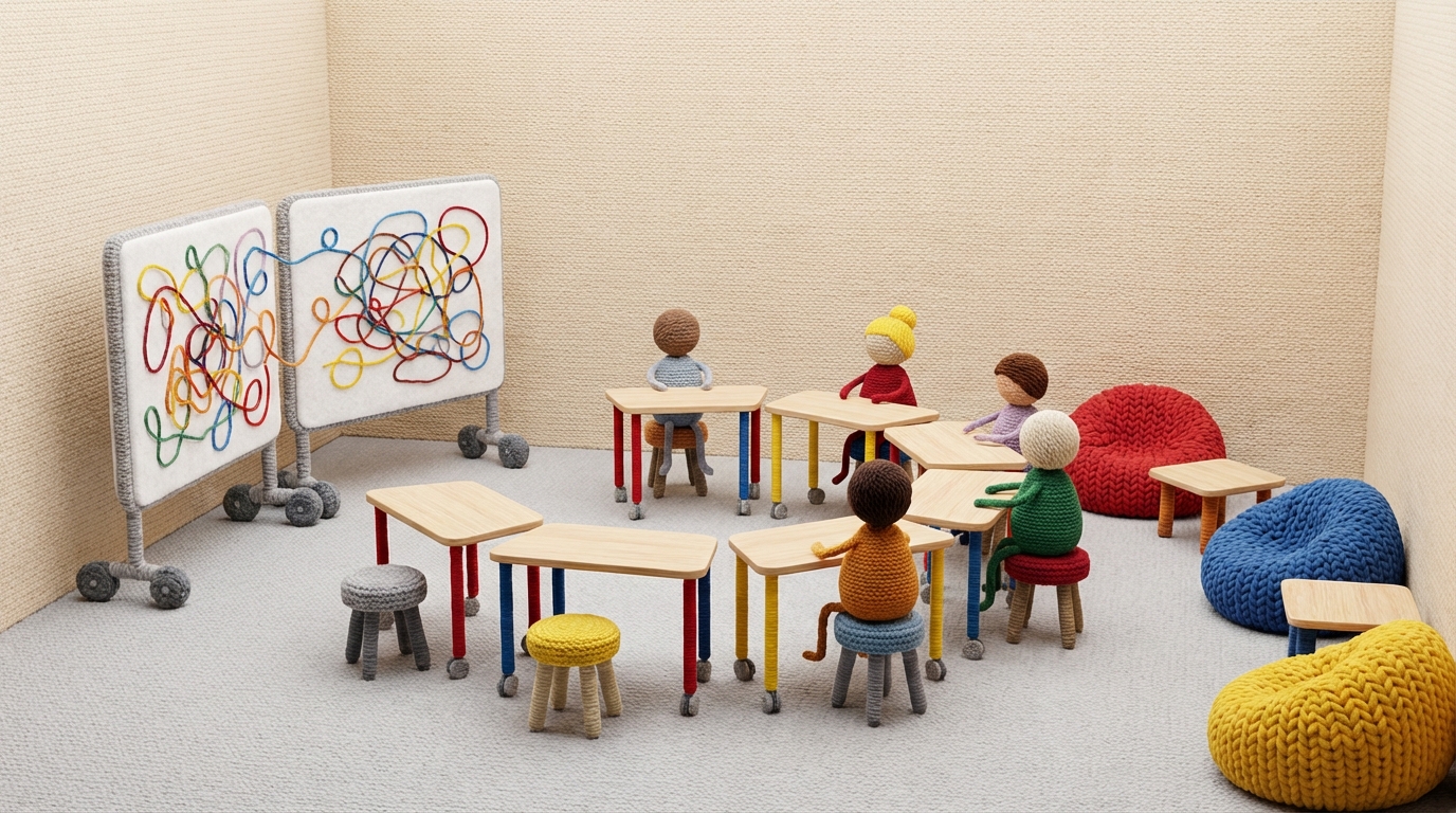 A versatile room with modular furniture. In one corner, two mobile whiteboards are pushed together, covered in scribbled notes and diagrams. In the center, several lightweight, wheeled tables are arranged in a semicircle, with abstract figures seated around them. In another corner, soft beanbag chairs and low tables create a relaxed zone. The walls are light, and the furniture uses a mix of warm wood tones and bright, primary colors. The composition emphasizes adaptability and collaboration.