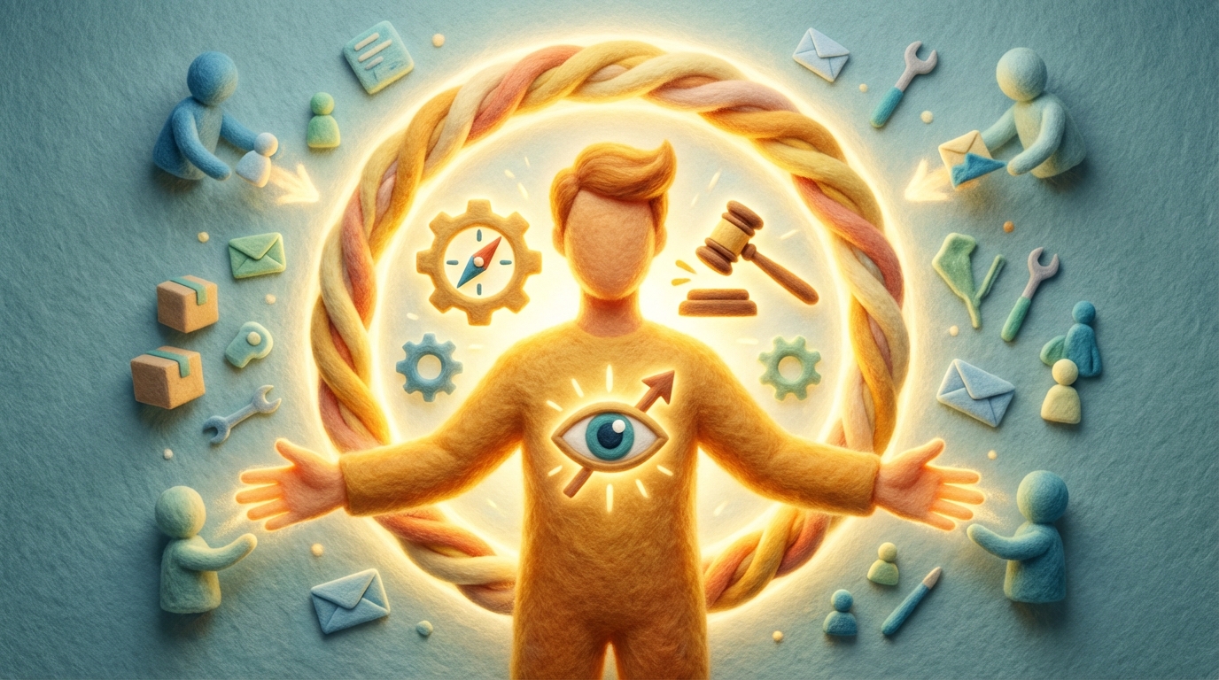 A large, central figure (representing the business owner) is surrounded by a glowing, inner circle of 