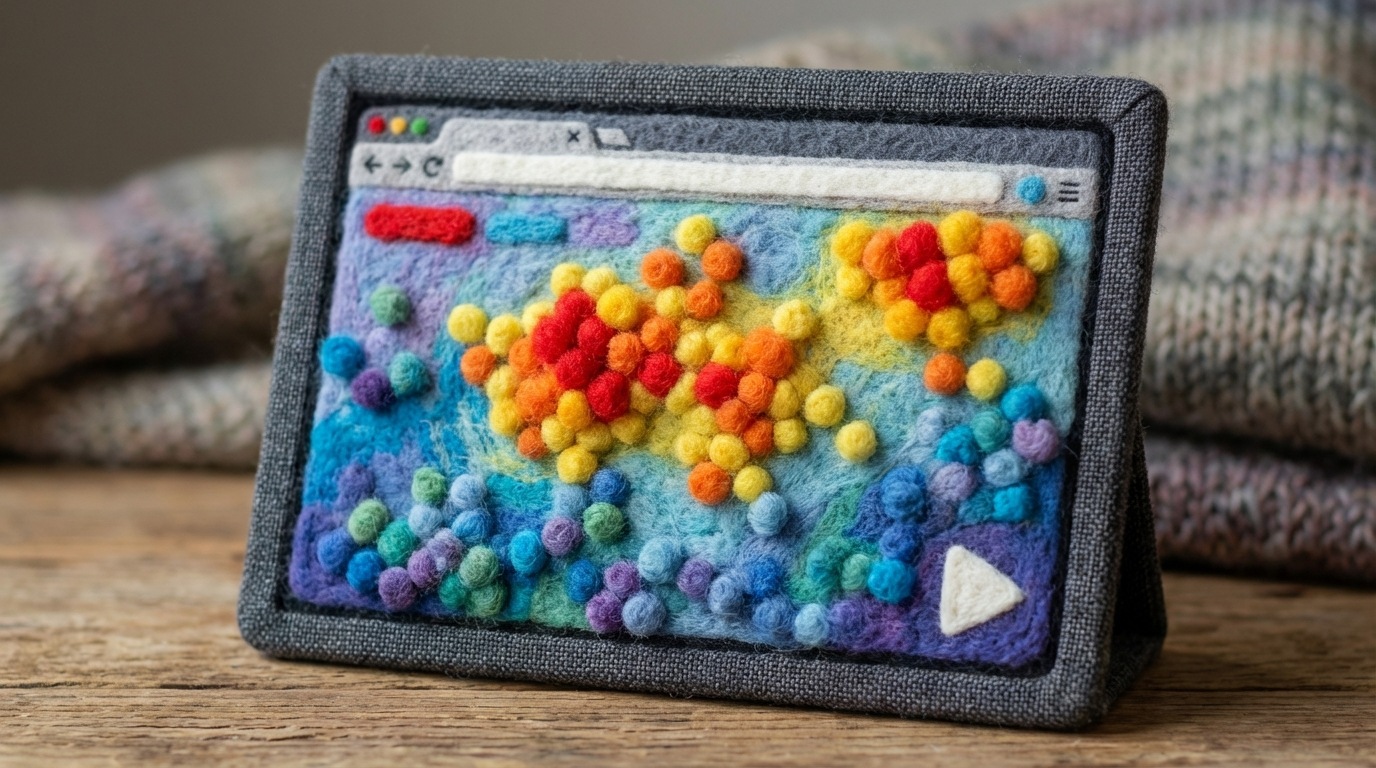 A digital screen displaying a generic webpage, viewed from a slight angle. The page is overlaid with a vibrant "heatmap" effect, where areas of high user interaction (clicks, hovers) are colored in warm, bright reds and oranges, while less active areas are in cooler blues and greens. A small, subtle play icon is visible in the corner, suggesting the ability to watch recorded user sessions. The overall mood is analytical and data-driven, with a modern digital aesthetic.