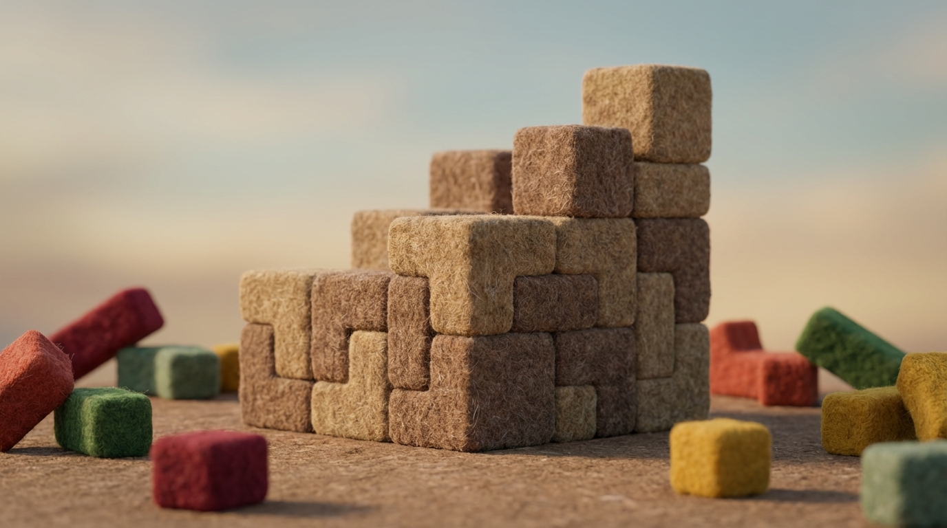 A series of small, interlocking, consistent blocks forming a strong, stable foundation for a growing structure above. Each block is identical and perfectly aligned, symbolizing consistent effort. Around the foundation, individual, scattered, irregular blocks lie unused or toppled over. The mood is one of steady, reliable construction. Earthy, solid tones for the foundation, with scattered, brighter colors for the loose blocks. Low angle, emphasizing strength and consistency.