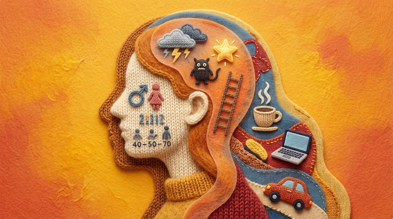 A detailed, stylized illustration of a person's profile, composed of various overlapping layers. One layer shows demographic data (numbers, simple icons for age/gender), another shows abstract symbols representing fears and aspirations, and a third layer illustrates daily routines (a cup of coffee, a laptop, a car). The layers are distinct but blend harmoniously, creating a rich, multi-dimensional portrait. The color palette is warm and inviting, emphasizing a human-centered approach. Side profile view.