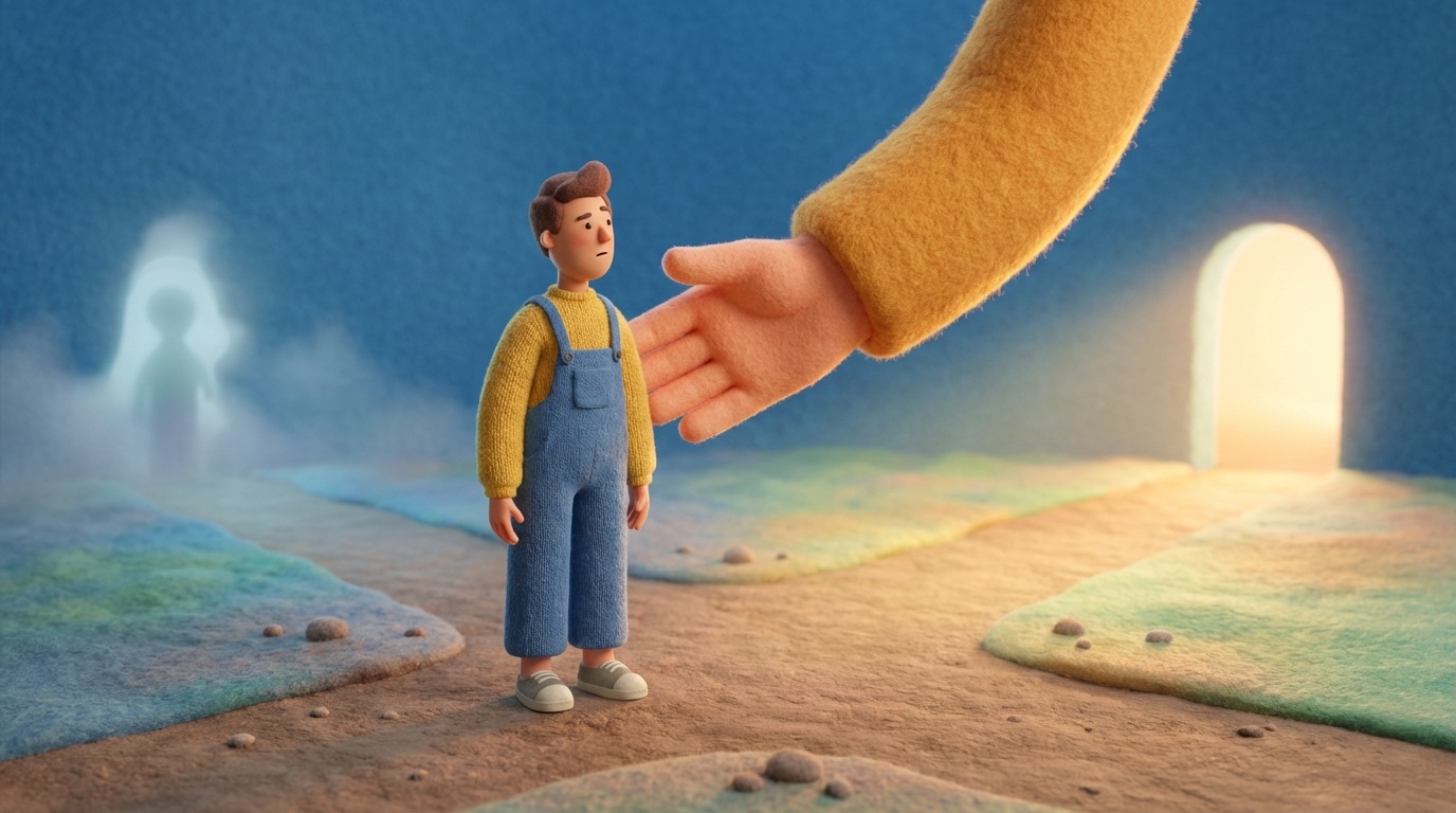 A stylized human figure standing at a crossroads, looking indecisively at two paths. One path is slightly obscured and leads to a faint, distant goal. The other path, in the foreground, has a subtle, encouraging hand gently guiding the figure forward. This path is clearer and leads to a bright, welcoming destination. The mood is one of gentle encouragement and clarity. The colors are warm and inviting on the guided path, and slightly cooler on the less certain path. The composition emphasizes the subtle nudge towards a beneficial action.