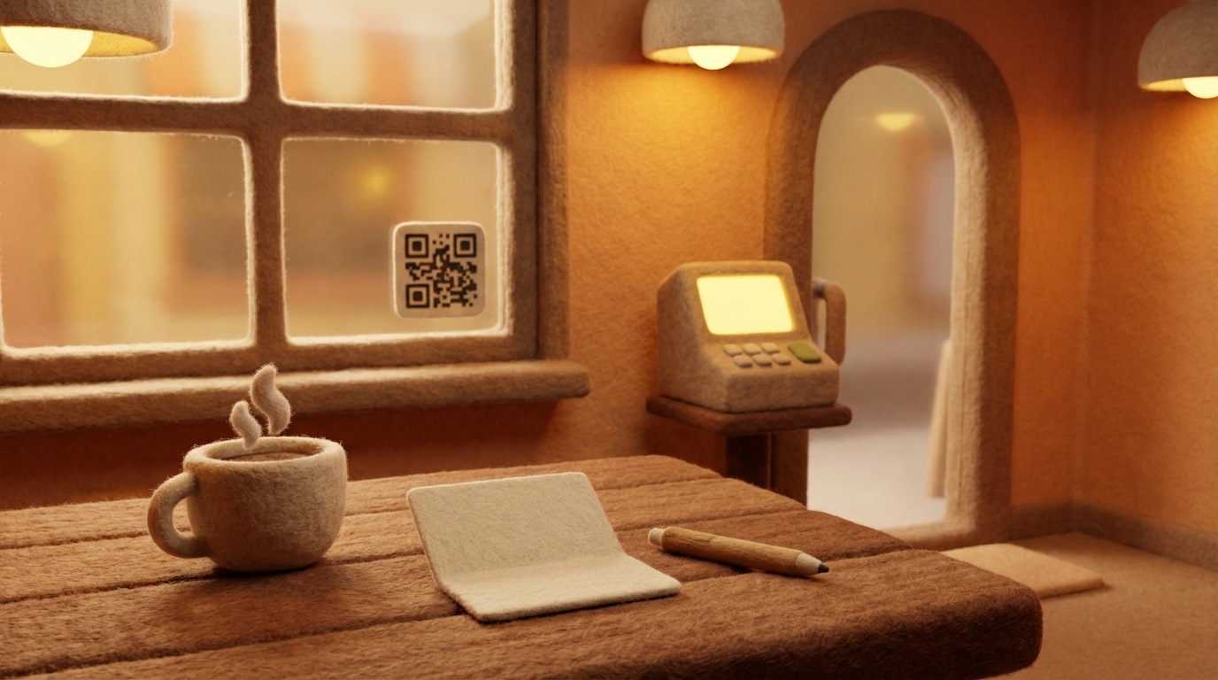 A cozy, inviting cafe interior. On a wooden table, next to a coffee cup, sits a small, neatly folded paper feedback card with a pen. In the background, a subtle QR code sticker is visible on a windowpane, and a small, digital feedback terminal is placed near the exit. The scene is warm and welcoming, with soft lighting. The perspective is eye-level, slightly off-center.