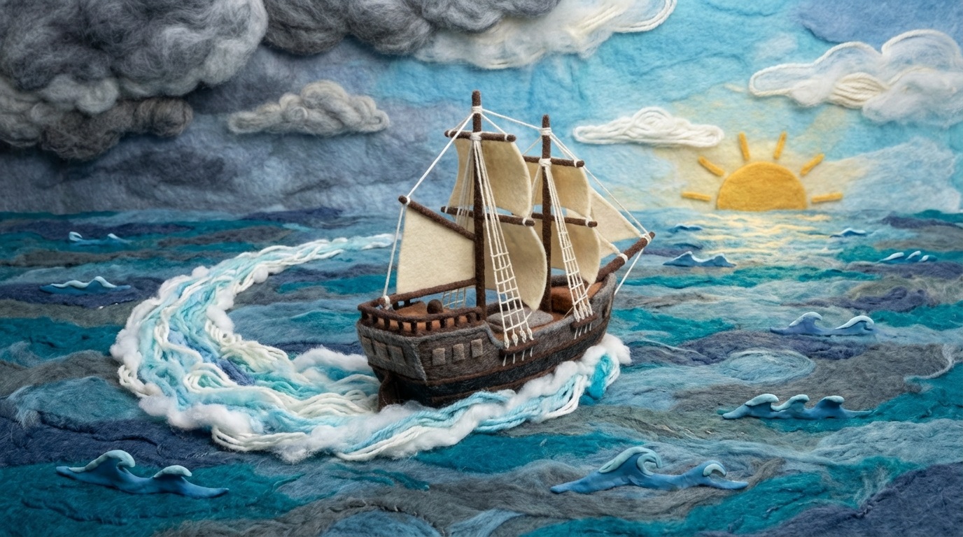 A large, sturdy ship on a vast ocean, noticeably changing its direction, creating a visible wake in the water. The sky is a mix of clearing clouds and distant storms, suggesting both challenges and new opportunities ahead. The ship is moving towards a brighter horizon. Dynamic and purposeful mood, with deep blues and grays.