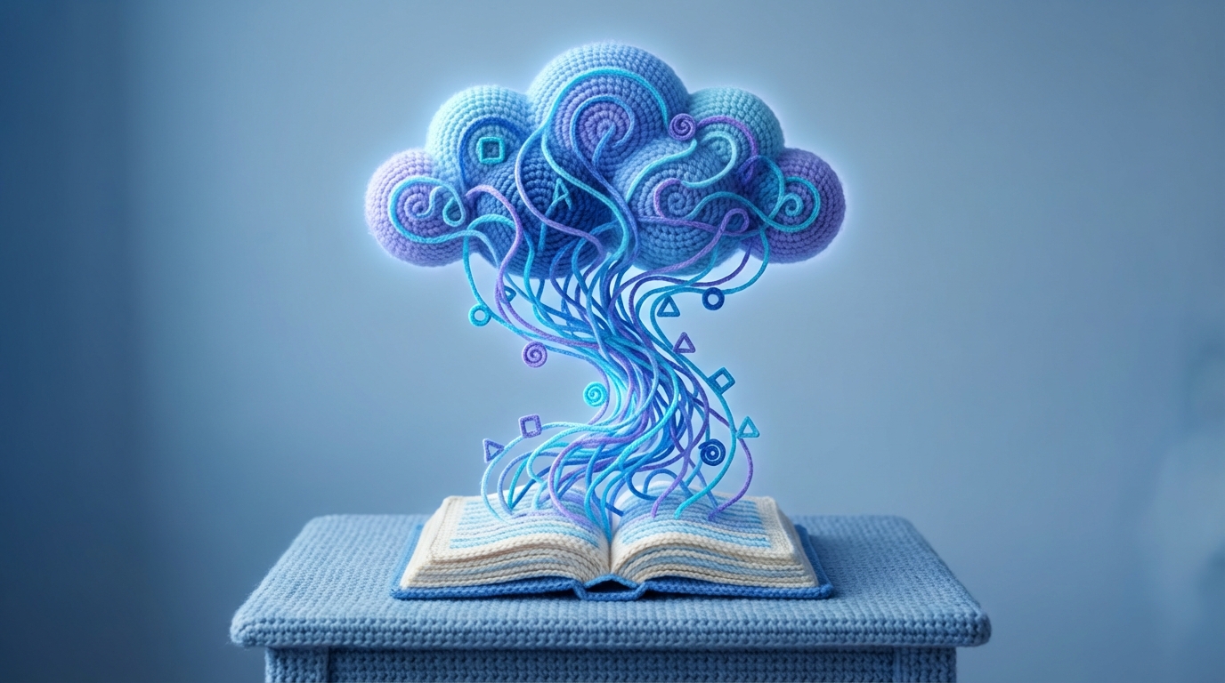 A stylized, open book with many interconnected lines and symbols flowing from its pages upwards into a central, abstract cloud-like shape. The lines represent data and information being processed and understood. The book is on a simple table, viewed from a slightly high angle. The cloud has soft, glowing edges, indicating intelligence and interpretation. Cool blue and purple tones dominate.