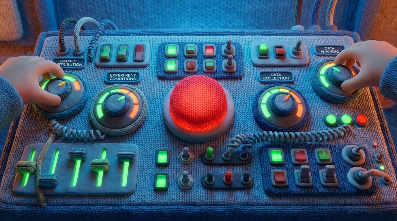 A detailed, stylized control panel with numerous glowing dials, sliders, and buttons. A prominent, central "Start Test" button is clearly visible, but it is surrounded by several other smaller, intricate controls that are actively being adjusted or set with precision. These include dials labeled "Traffic Distribution," "Experiment Conditions," and "Data Collection," suggesting careful preparation before activation. The overall mood is one of focused technical precision and meticulous setup. The color palette features cool blues and grays for the panel, with contrasting, vibrant greens and reds for the interactive elements, emphasizing the importance of correct configuration. Viewed from a slightly elevated, close-up perspective.