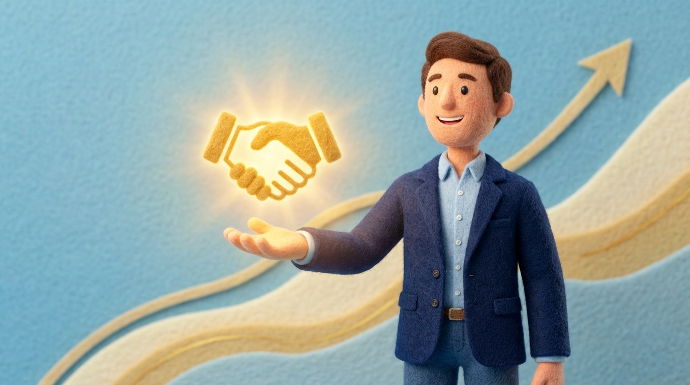 A stylized, confident individual, possibly a business owner, extending an open hand towards a glowing, successful "deal closed" icon, with a clear, positive aura around them. The background is minimalist, with subtle lines suggesting growth or a smooth upward trajectory. The overall mood is one of achievement and clarity. Bright, optimistic color palette with golden hues around the "deal closed" icon. Medium shot, focusing on the action.