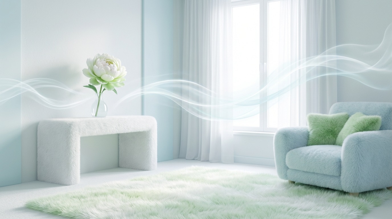 A pristine, sparkling clean room, possibly a living room or office, filled with soft, diffused light. Subtle, ethereal wisps of fresh scent are visibly floating in the air, indicated by gentle, swirling lines. A single, perfectly arranged flower in a vase adds a touch of beauty. The scene evokes a sense of calm, freshness, and order. The color palette is bright and airy, with soft whites, pale greens, and light blues.