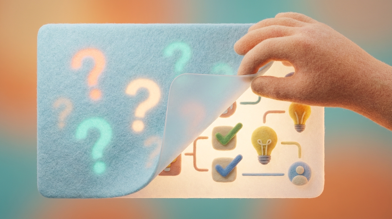 A translucent, slightly frosted screen or panel is positioned in the foreground, with several faint, stylized question marks subtly visible behind its surface, representing unspoken concerns. A human-like hand (no facial features) is gently pulling back a corner of the screen, revealing clear, concise, and reassuring answers or solutions underneath. The composition emphasizes transparency and the act of revealing hidden information, fostering trust. The color palette is soft and illuminating, with subtle glows.