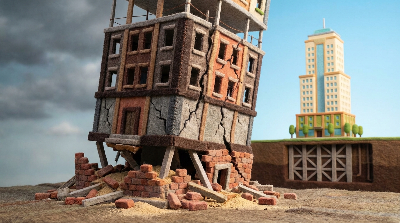 A partially constructed building, with its upper floors detailed but the foundation visibly crumbling or incomplete. The structure appears unstable, with cracks forming. In contrast, in the distance, a solid, well-built structure with a deep, visible foundation stands strong and complete. The mood is precarious for the foreground building, stable for the background. Darker tones for the unstable structure, brighter for the stable one.