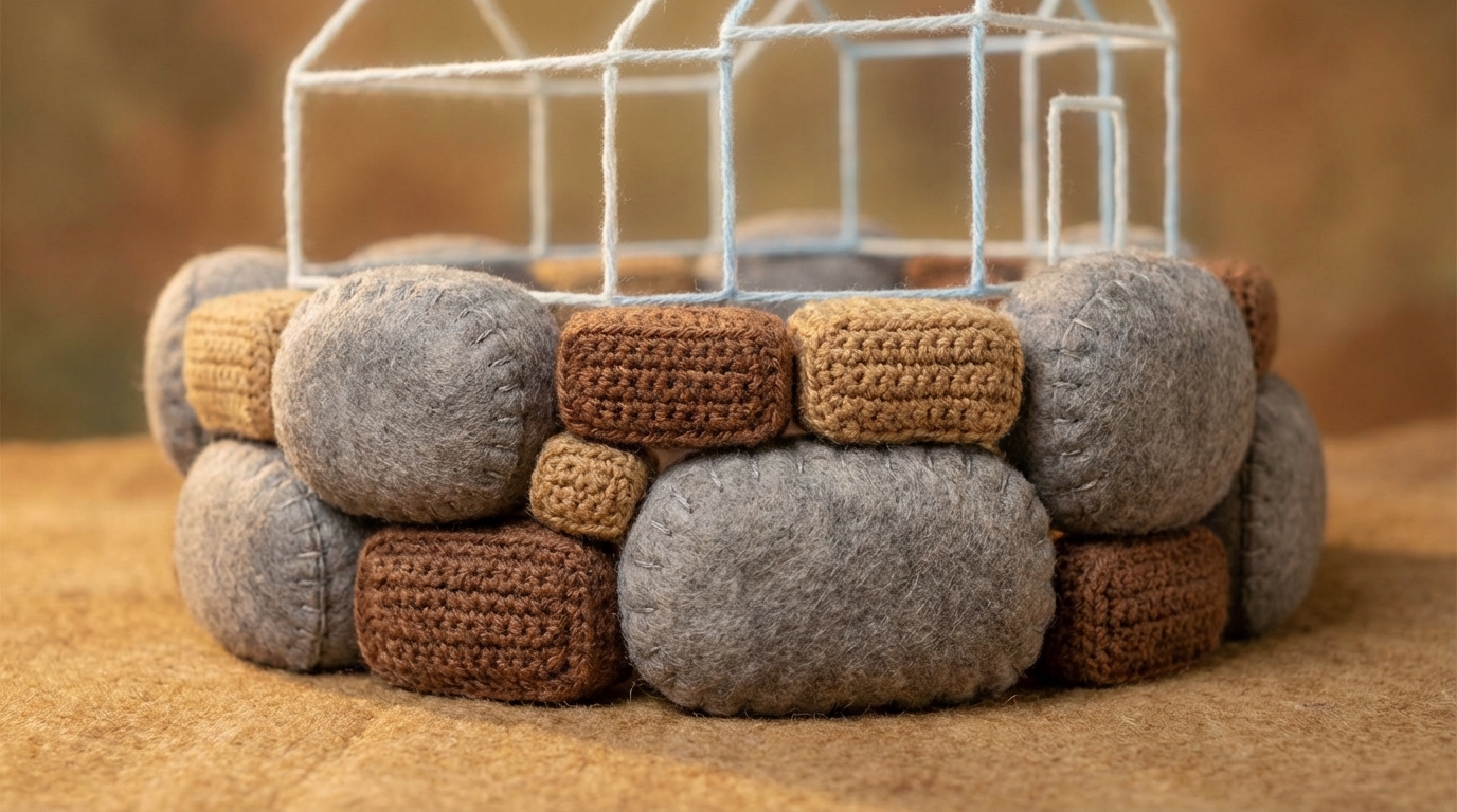 A sturdy, multi-layered foundation being carefully constructed on solid ground. Large, smooth stones form the base, with precise interlocking elements. Above the foundation, outlines of a future building are faintly visible, suggesting growth and potential. The scene is calm and meticulous, with a focus on preparation and stability. The color palette is earthy and strong, with greys and browns, conveying reliability.